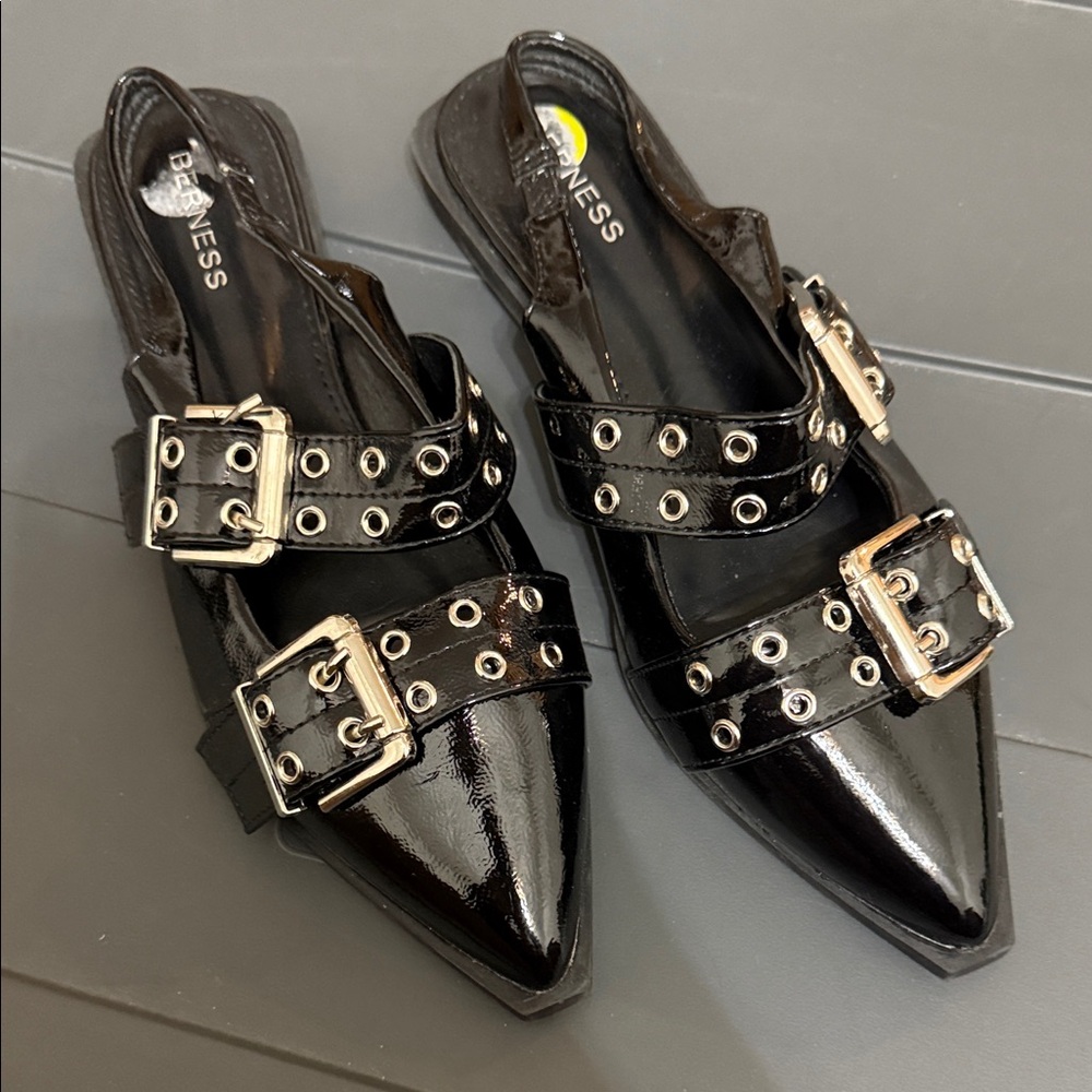 Black Patent Leather Buckled Flats by Bawness